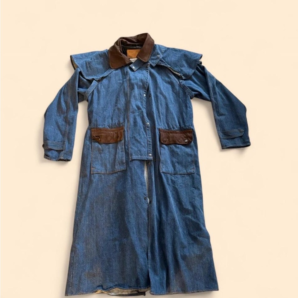 Men's Denim Long Coat with Brown Accents